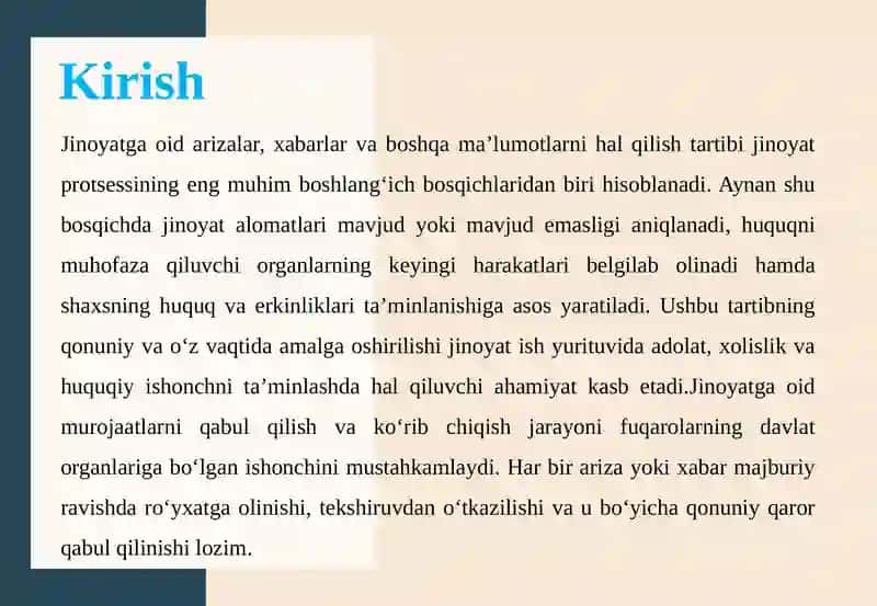 Jinoyatga oid arizalar, xabarlar va boshqa ma’lumotlarni halqilishtartibi 3