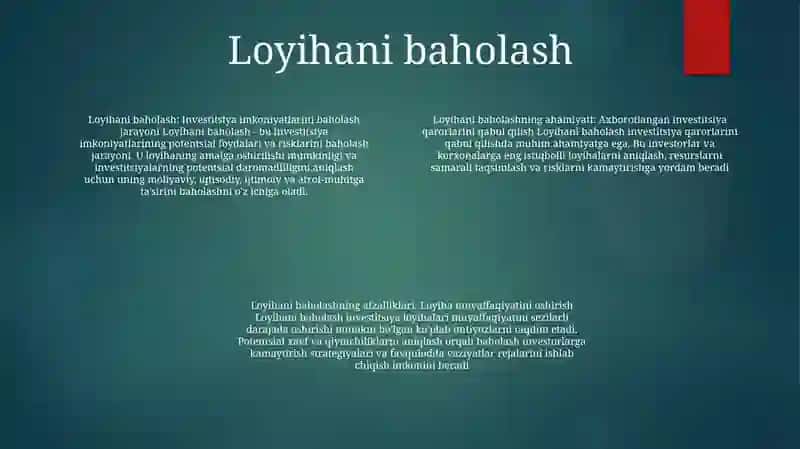 Investitsiyalari Loyihalari Samaradorligini Baholash Va Ahamiyati 3