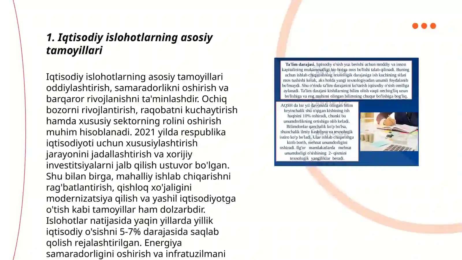 Iqtisodiy islohotlar, xususiy mulkchilikning shakllanishi. O'zbekistonda bozor munosabatlarining rivojlanishi 3