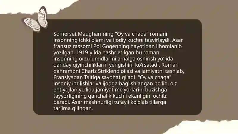 S Moem romanlari va hikoyalari. "Oy va chaqa" ramani, "Luiza" va boshqa hikoyalari tahlili. Moem va A Qahhor hikoyalarning qiyosiy tahlili 3