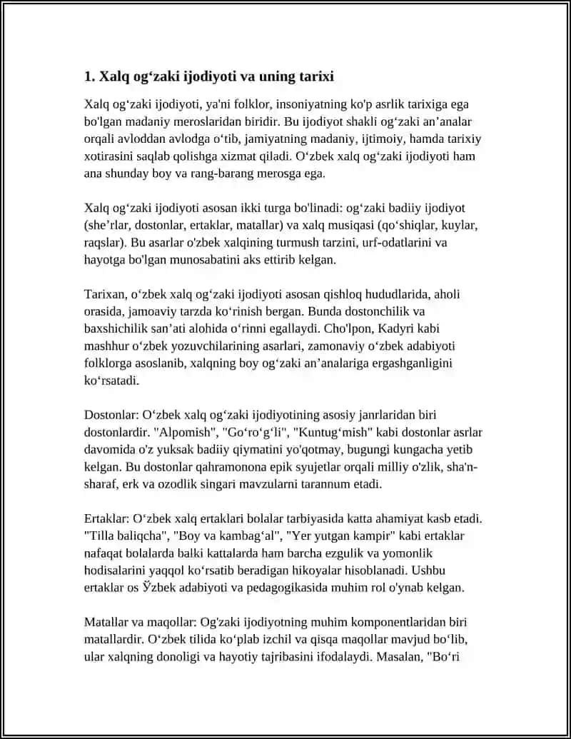 REFERAT Mavzu: XALQ OGʻZAKI IJODI XALQ PEDAGOGIKASINING MUHIM MANBAYI SIFATIDA 3