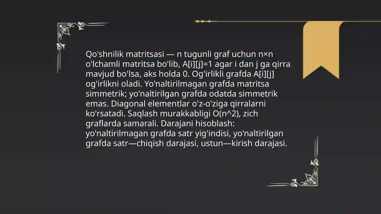 Graflarni taqdim etish usullari (qo'shnilik matritsasi, ro'yxati) 3