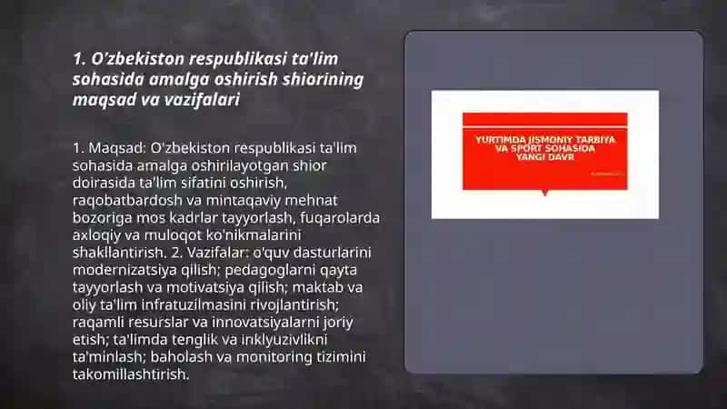 O’zbekiston respublikasi ta'lim sohasida amalga oshirish shiorining maqsad va vazifalari 3