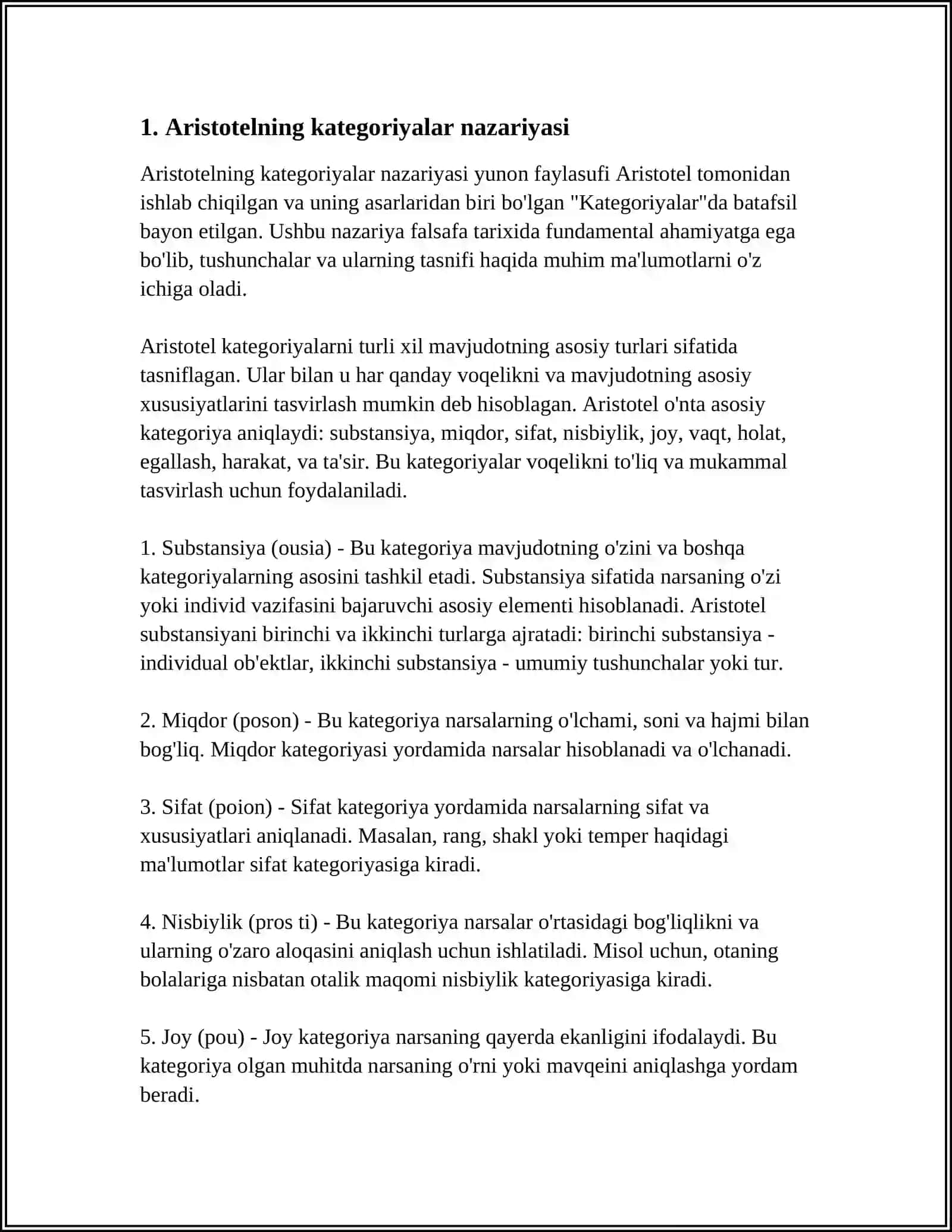 ARISTOTEL, FAROBIY VA KANT ONTOLOGIYASIDA KATEGORIYALARNING TASNIFI MAVZUSIDA ESSE TAYYORLASH 3