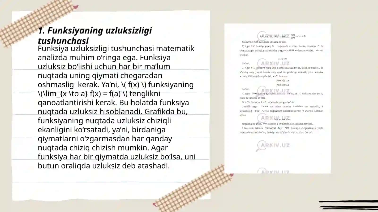 Funksiyaning uzluksizligi. Uzluksiz funksiyalarning xossalari. Kantor teoremasi 3