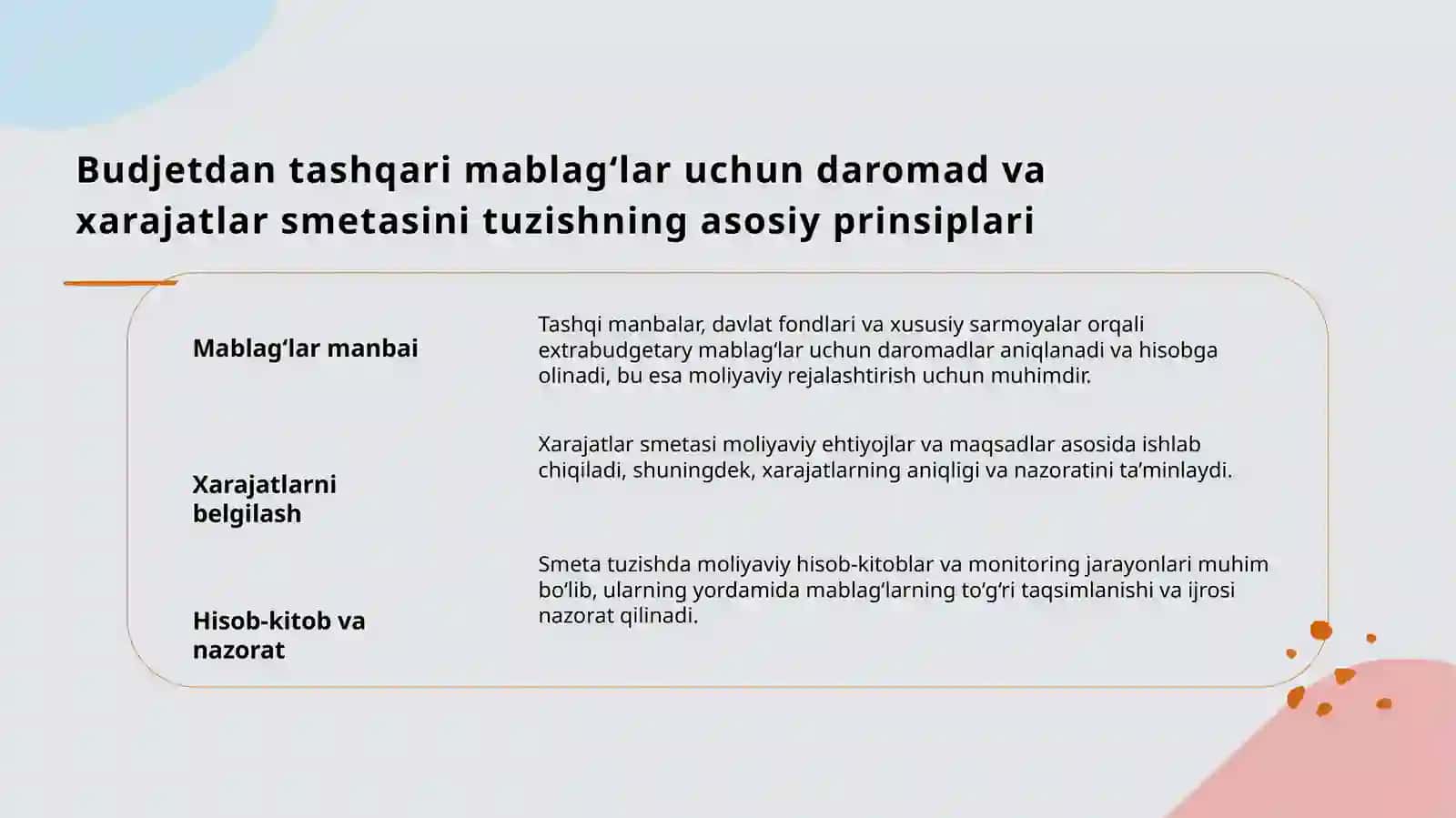 Budjetdan tashqari mablağlar böyicha daromadlar va xarajatlar smetasini tuzish hamda ular ijrosi hisobi 3