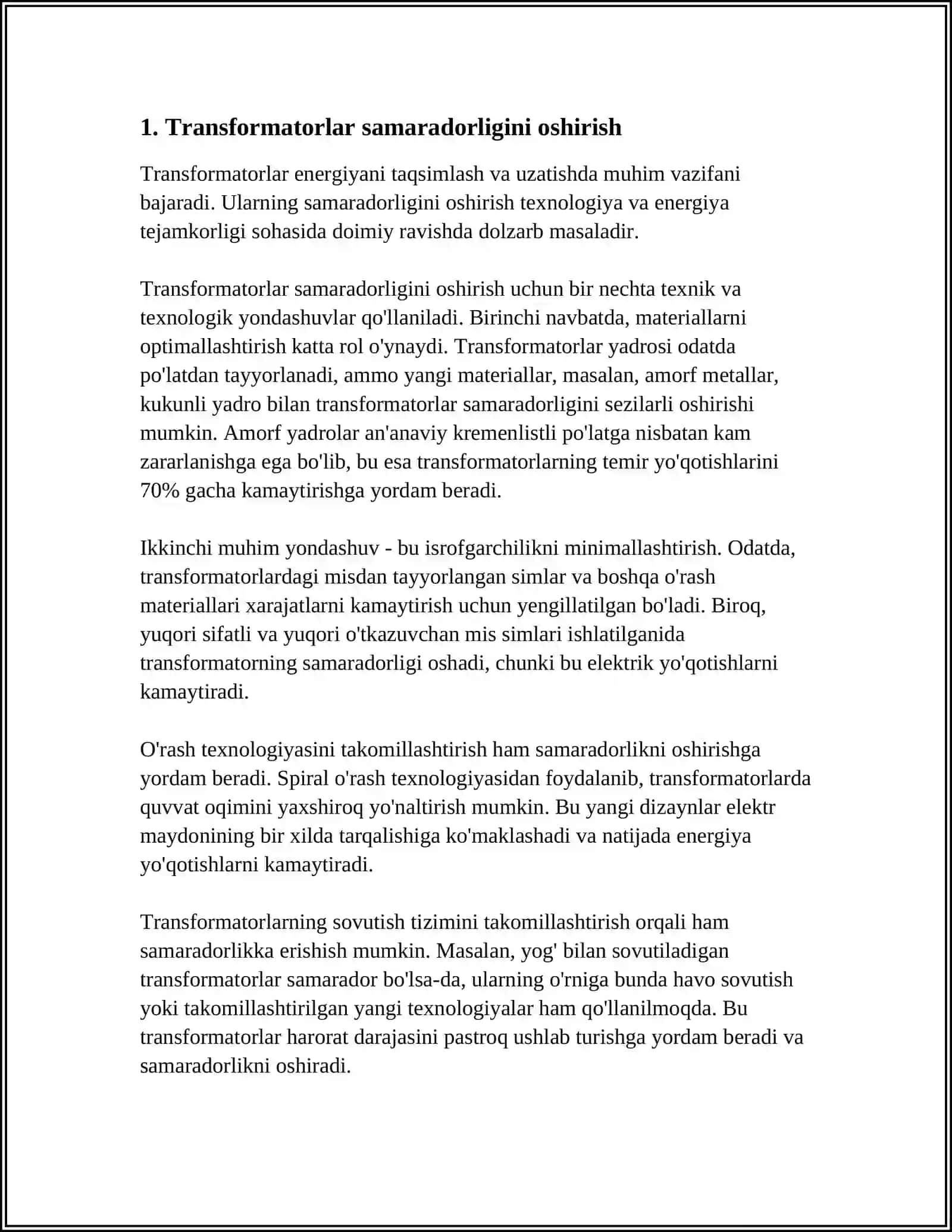 TRANSFORMATORLARNI YUKLAMA MARKAZIGA O'RNATISH ORQALI ENERGIYA ISROFINI KAMAYTIRISH 3