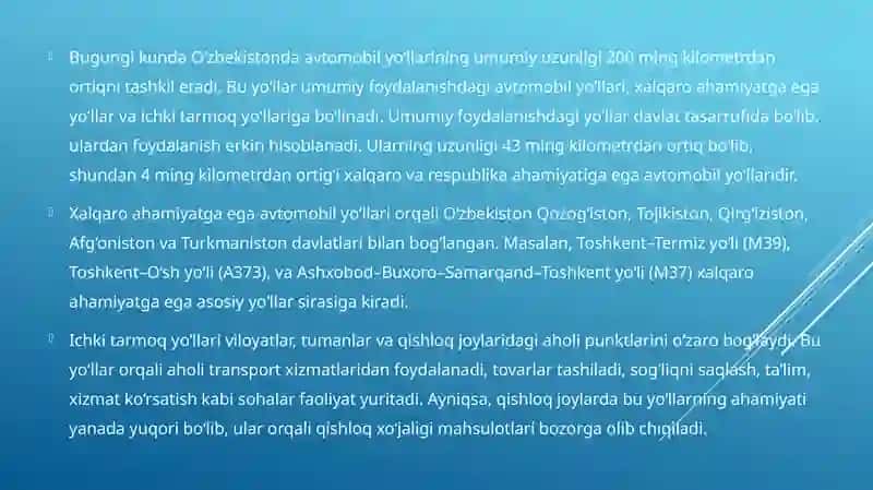 O'zbekiston avtomobil yo'llarini umumiy tarmog'i 3