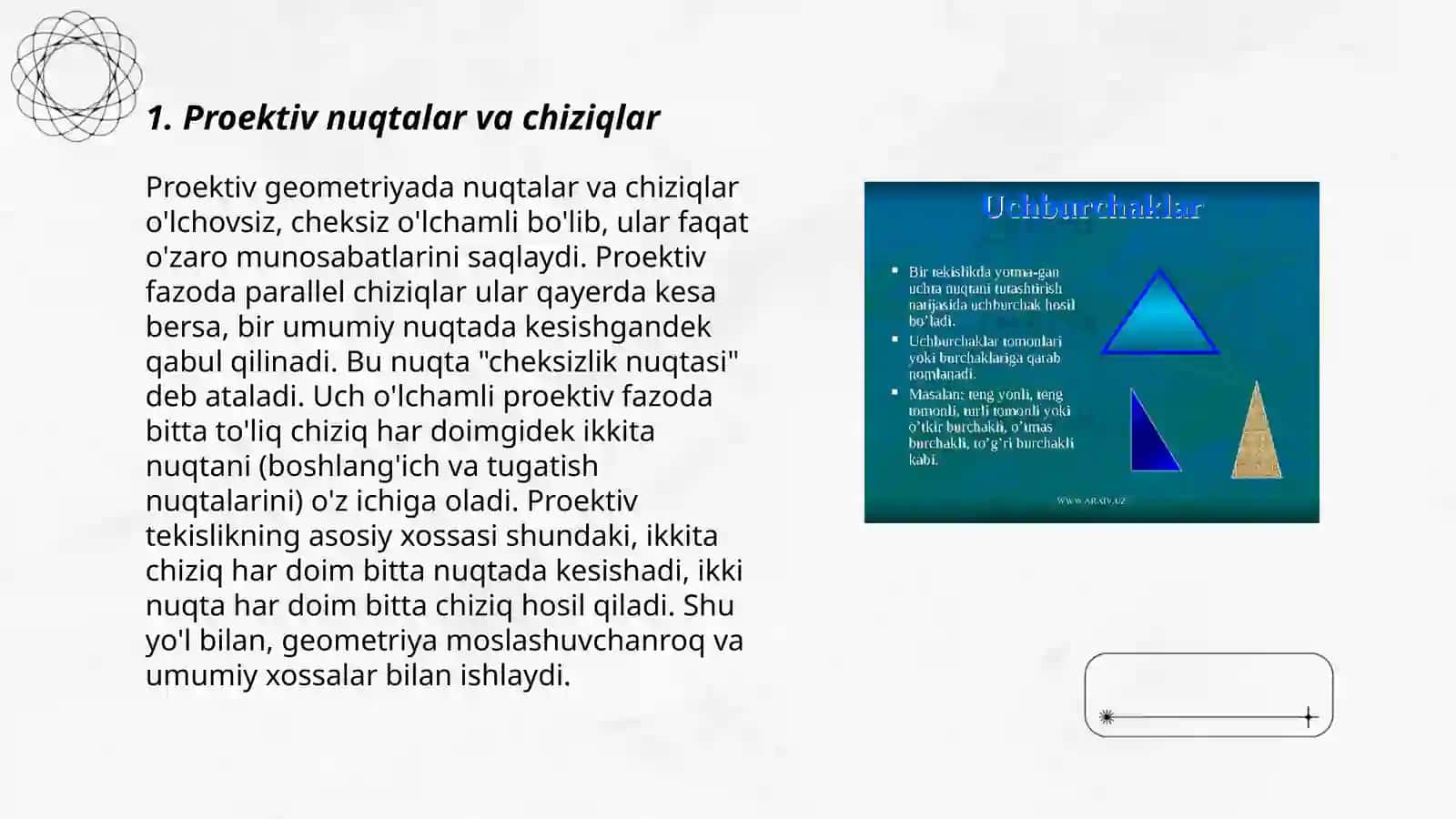 Proektiv geometriya nuqtai nazaridan Yevklid geometriyasi 3