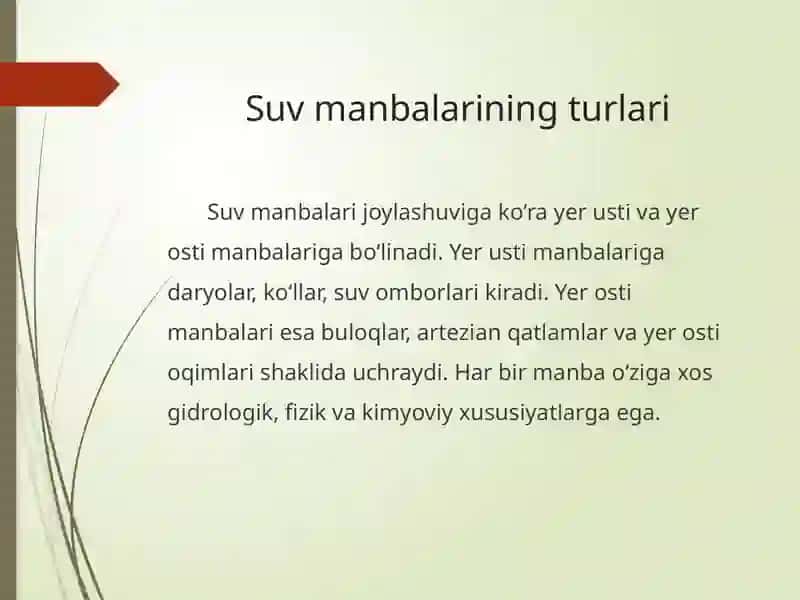 Tabiiy suv manbalarini xarakteristikalash, manba'larning debiti va uning faoliy o‘zgarishi 3