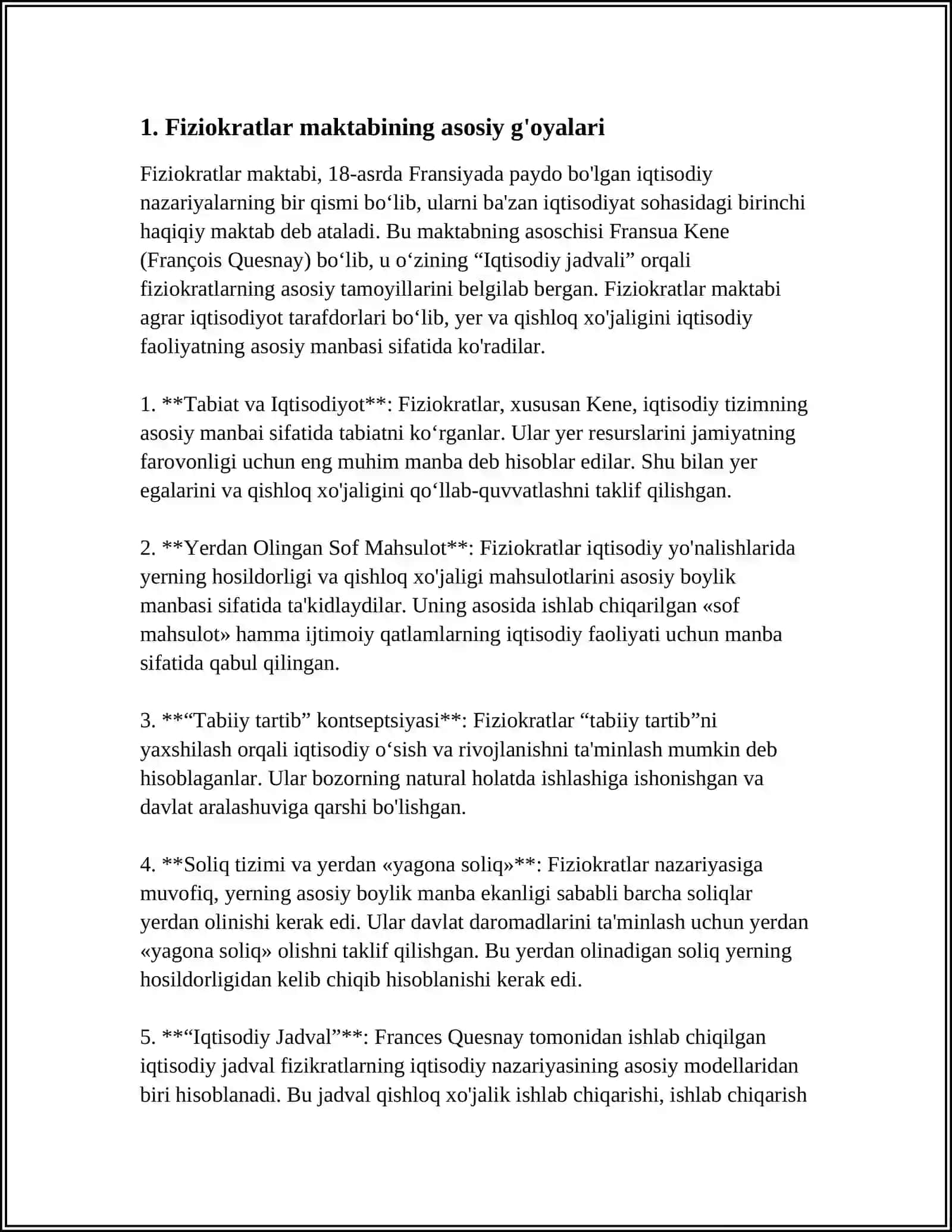 FIZIOKRATLAR MAKTABI F.KENENING IQTISODIY JADVALI 3