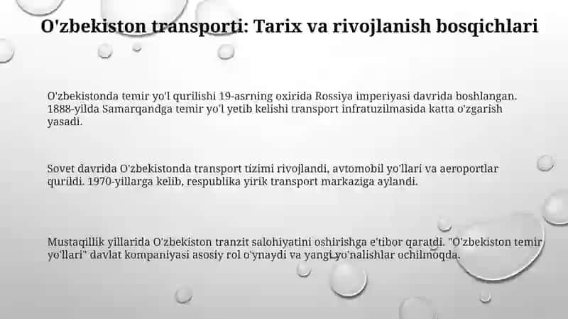 O'zbekiston transporti: Tarix, infratuzilma va rivojlanish 3