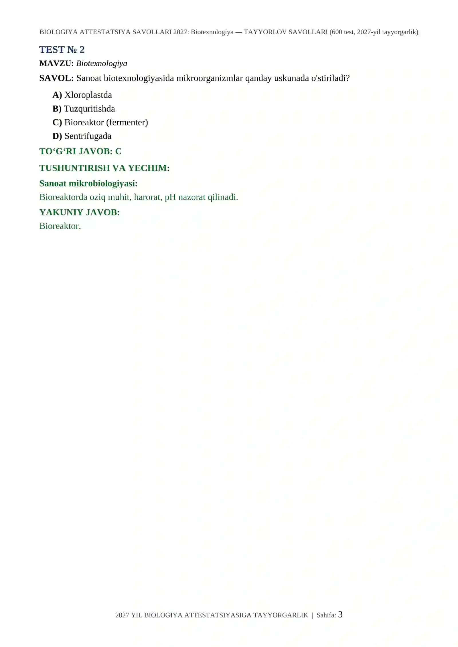 BIOLOGIYA ATTESTATSIYA SAVOLLARI 2027: Biotexnologiya — TAYYORLOV SAVOLLARI (600 test, 2027-yil tayyorgarlik) 3