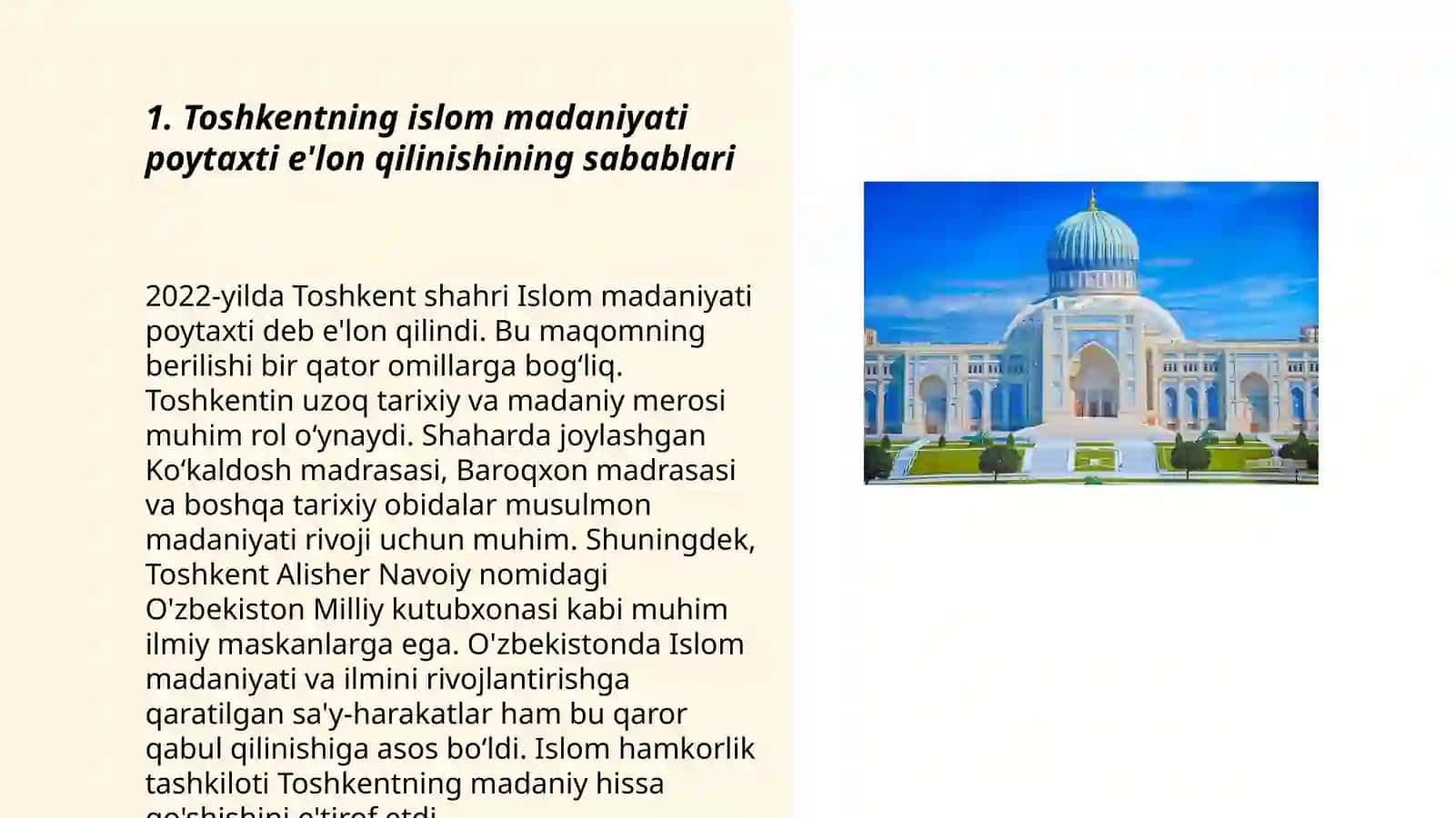 Toshkentning islom madaniyati poytaxti e'lon qilinishining sabablari 3