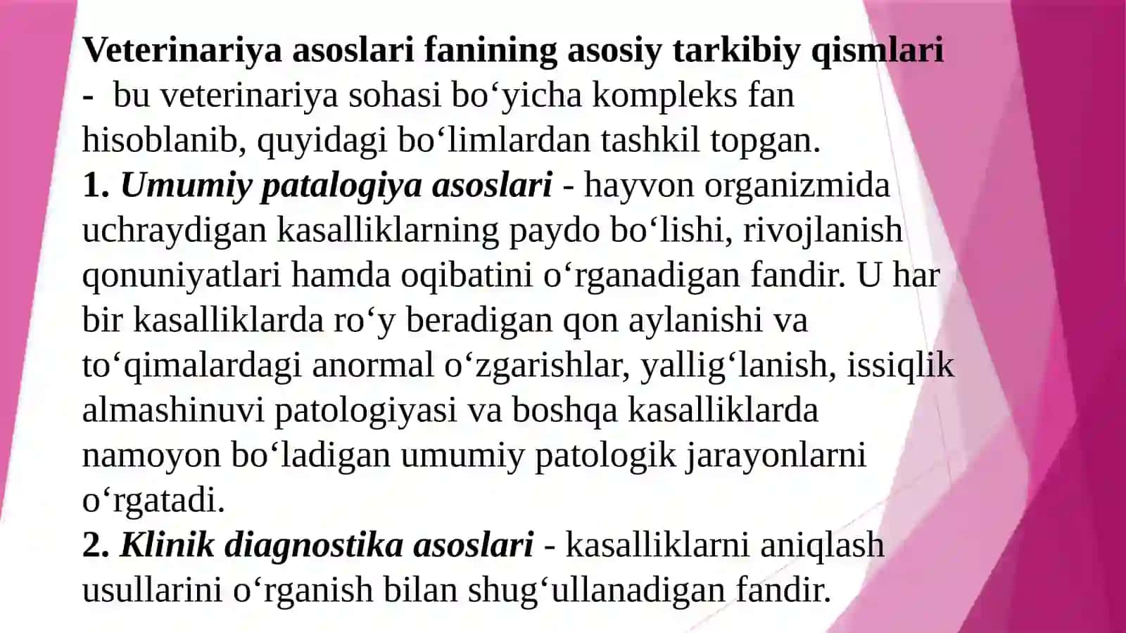1-MA’RUZA:“VETERINARIYA ASOSLARI” FANI VA UNING RIVOJLANISH TARIXI. PATOLOGIYA ASOSLARI.YURAK QON TOMIR TIZIMINING KASALLIKLARI. NAFAS OLISHTIZIMININGKASALLIKLARI 3