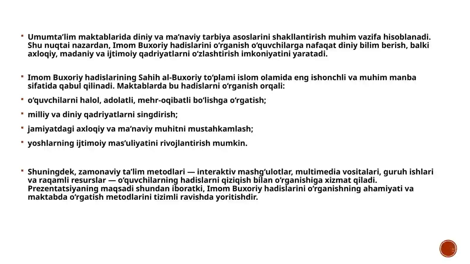 Umumta‘lim maktablarida Imom Buxoriy hadislarini o‘rganishning ahamiyati. O‘rgatish bo‘yicha metodlar bilan taqdim etish 3