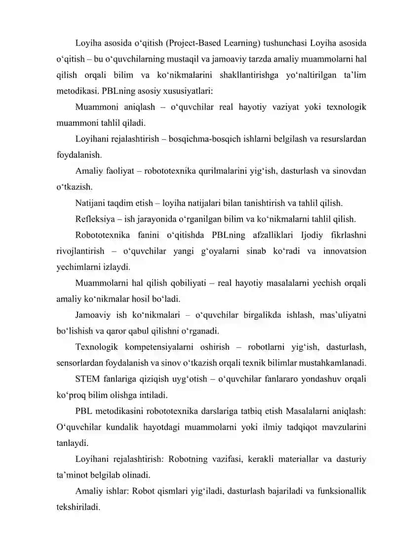 ROBOTOTEXNIKA FANINI O‘QITISHDA LOYIHA ASOSIDA O‘QITISH (PROJECT-BASED LEARNING) 3