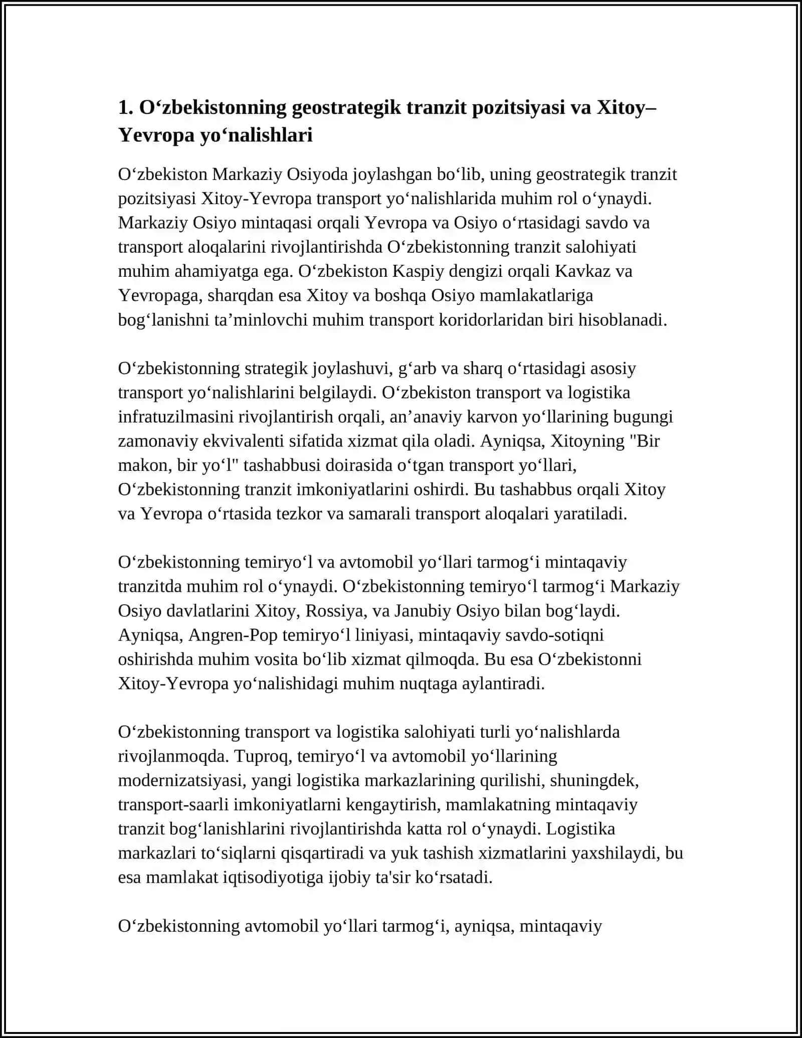 O‘ZBEKISTONNING TRANZIT SALOHIYATI VA LOGISTIKA 3
