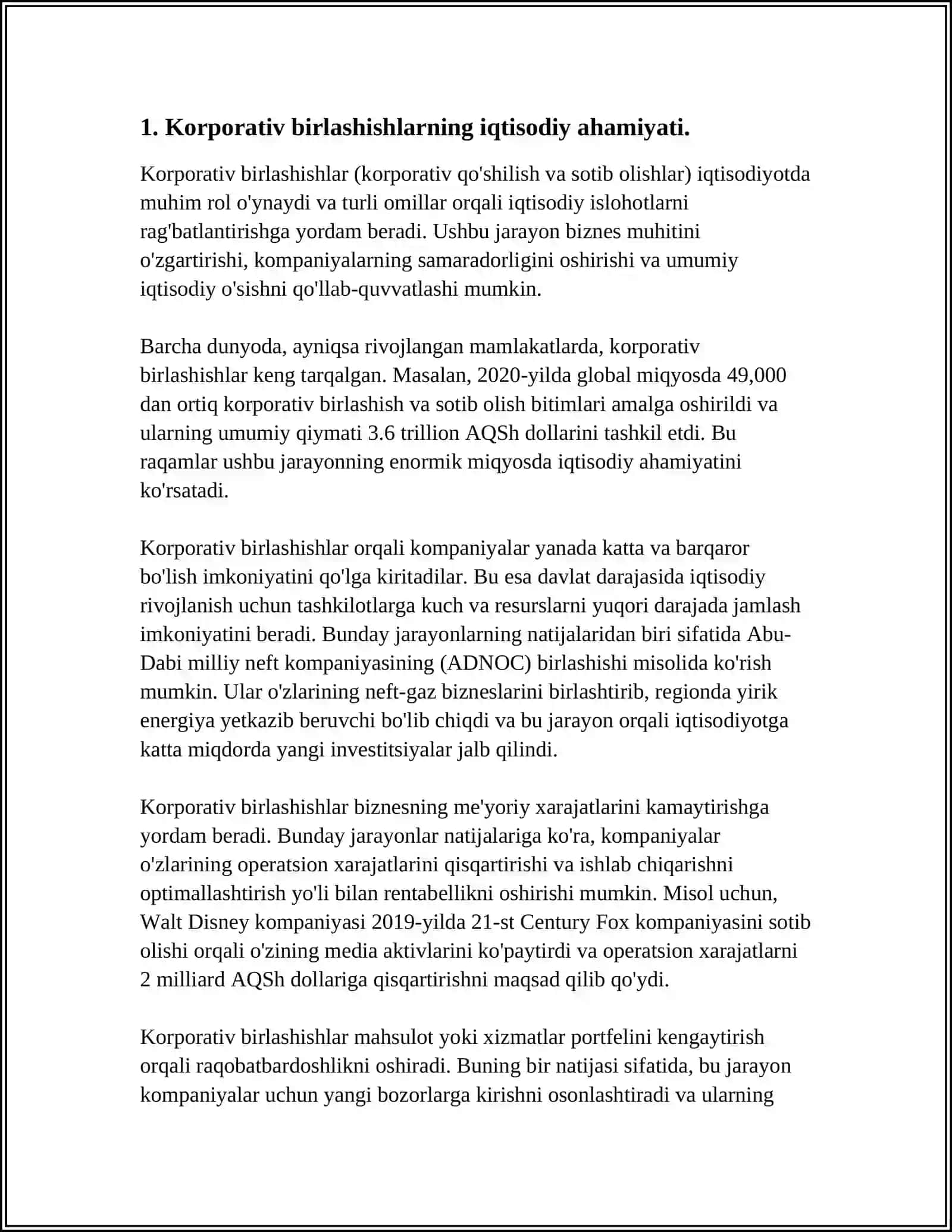 BOZOR IQTISODIYOTI SHAROITIDA KORPORATIV BIRLASHISHLAR VA QO'SHIB OLISHLAR 3