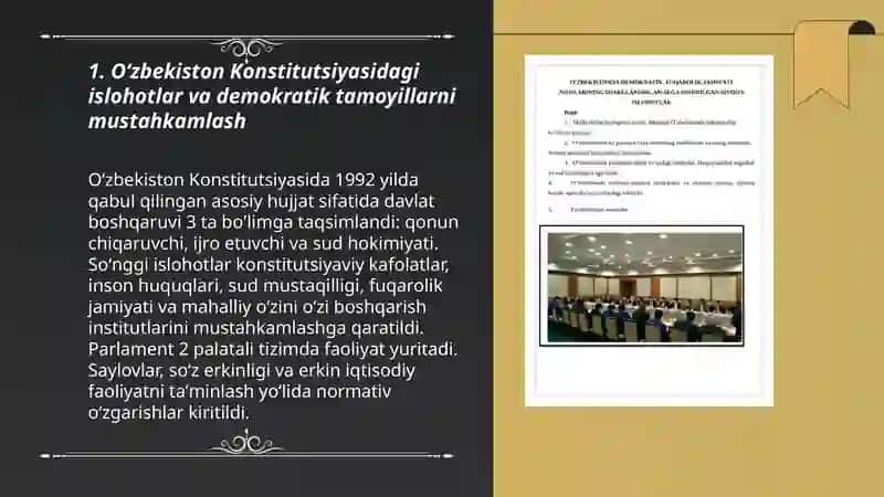 Oʻzbekistonda huquqiy siyosiy islohorlarning amalga oshirilishi, demokratik jamiyatni shakllantirish yoʻlidagi islohotlar Tursunboyeva Omina 108-guruh 3