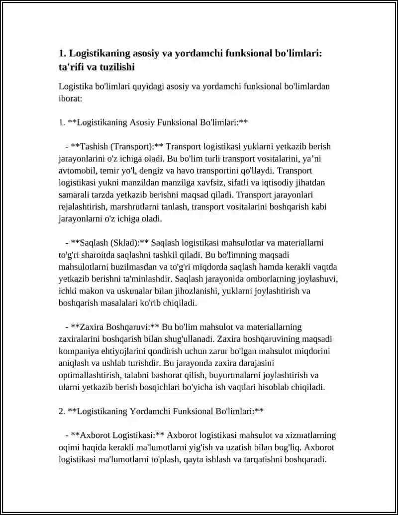 LOGISTIKANING ASOSIY VA YORDAMCHI FUNKSIONAL BO'LIMLARI TAVSIFI 3