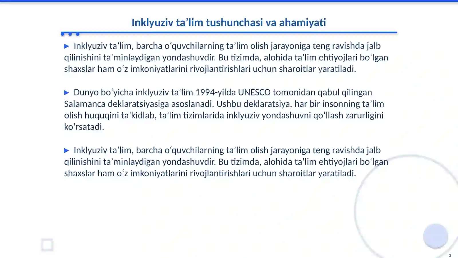 Alohida taʼlim ehtiyojlari bo‘lgan shaxslarni inklyuziv taʼlim konsepsiyasining mohiyati va asosiy qoidalari 3