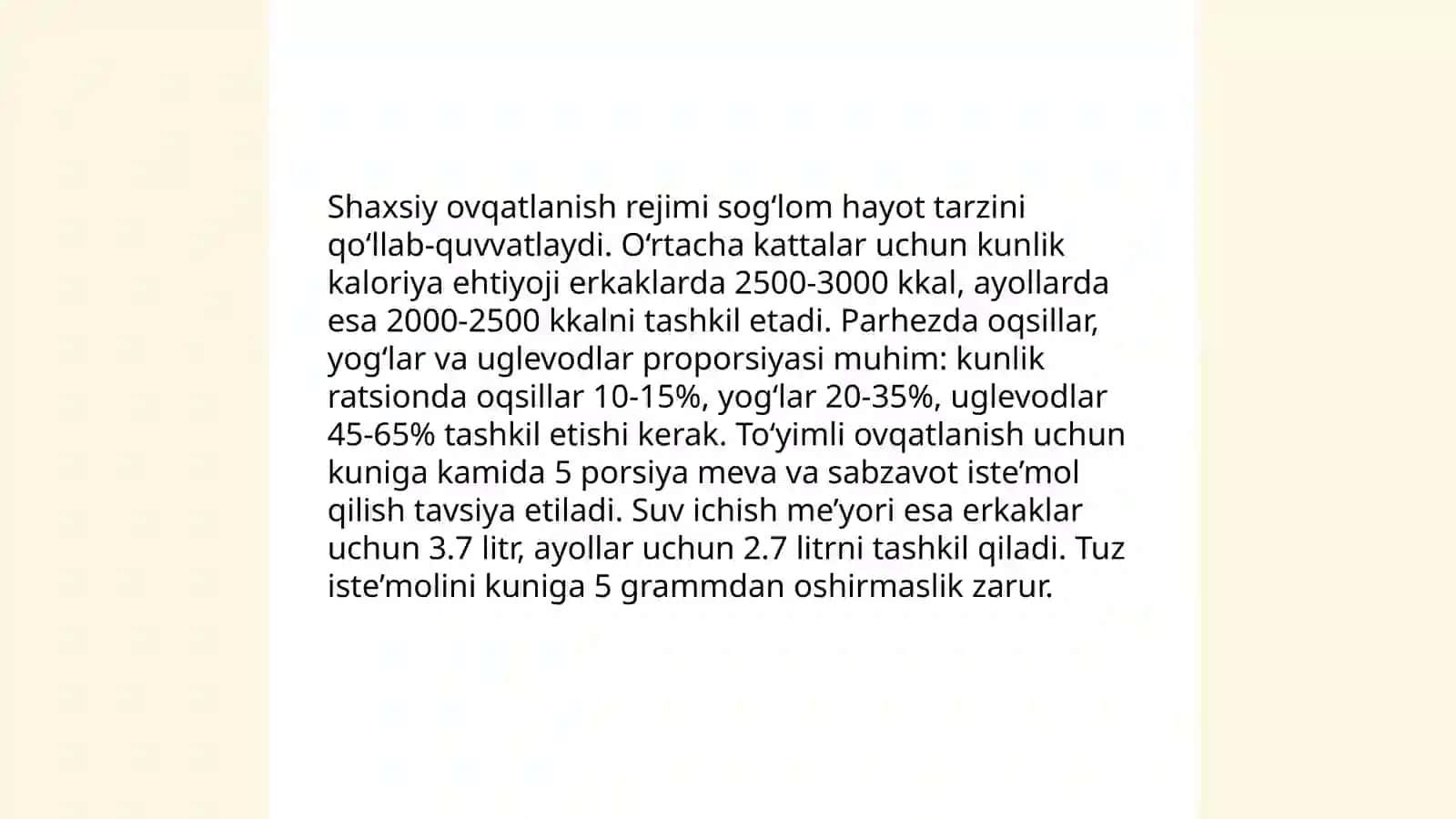 Shaxsiy ovqatlanishning adekvatligini organish va baholash 3