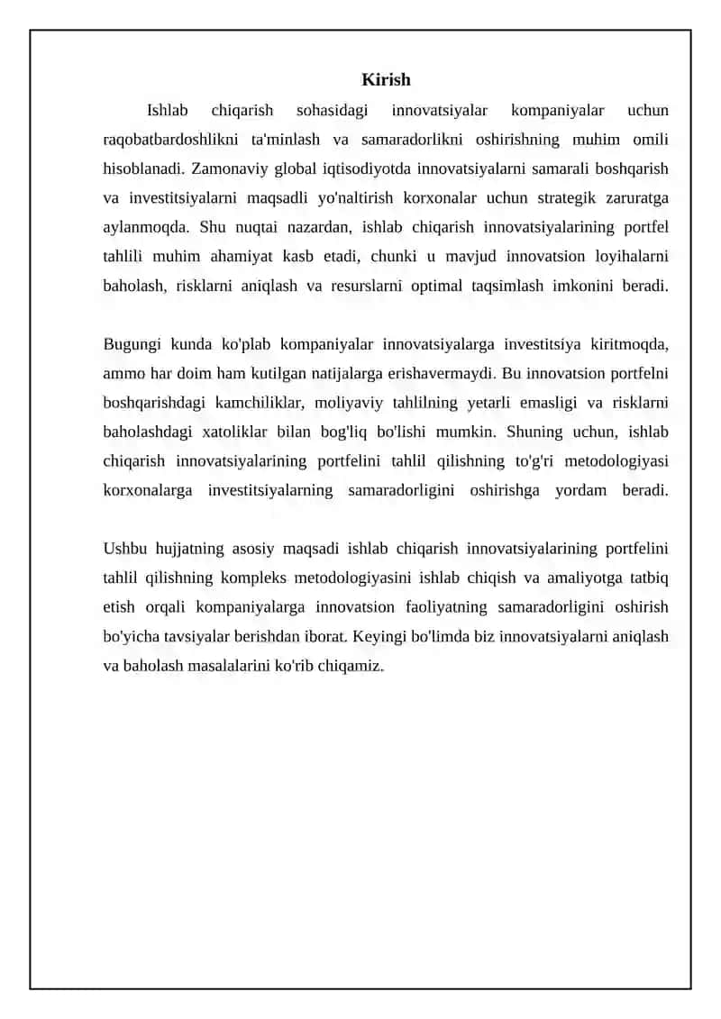 Ishlab chiqarish innovatsiyalarining portfel tahlili 3