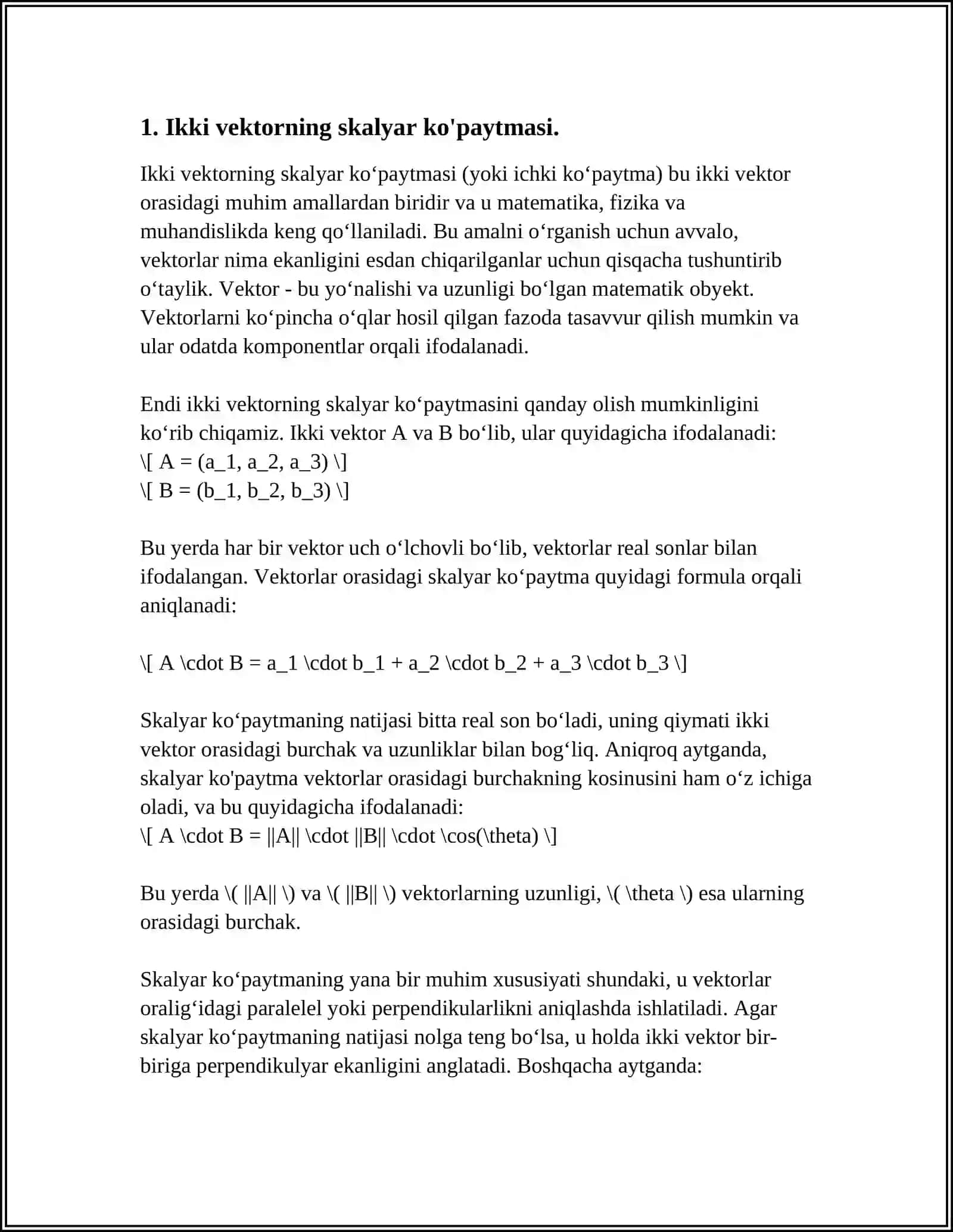 VEKTORLARNING SKALYAR KO'PAYTMASI. IKKI VEKTOR ORASIDAGI BURCHAK KOSINUSI 3