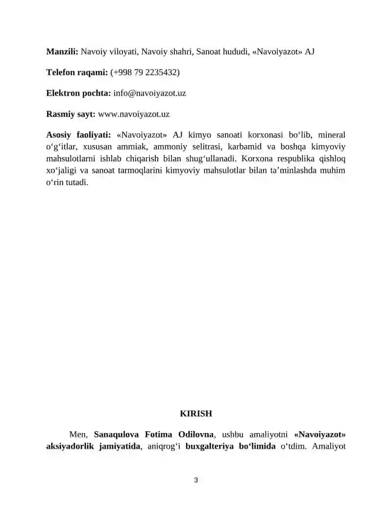 AZOT BOʻYICHA AMALIYOT HISOBOTI. ACCOUNTING - BAKALAVRIAT YO‘NALISHI 3