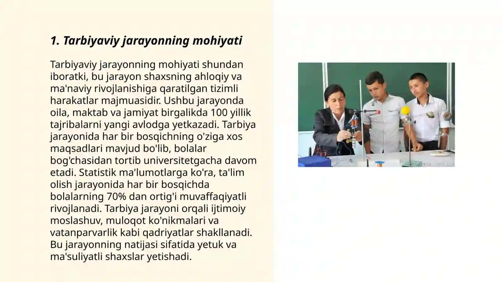 Tarbiya jarayonining mohiyati, mazmuni, tarbiya tamoyillari va metodlari 3