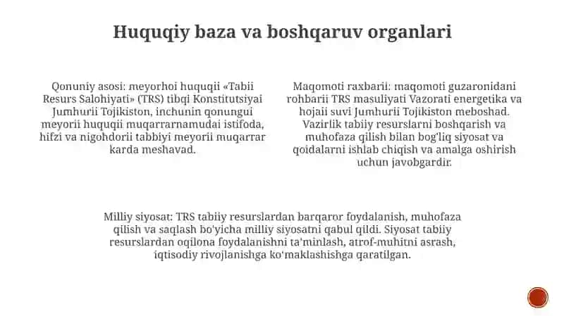 Maʼmuriyati tabiiy resurslari Tojikiston: Tojikiston tabiiy resurslari, shu jumladan oʻrmonlar, suvlar va foydali qazilmalardan foydalanishni nazorat qiladi 3