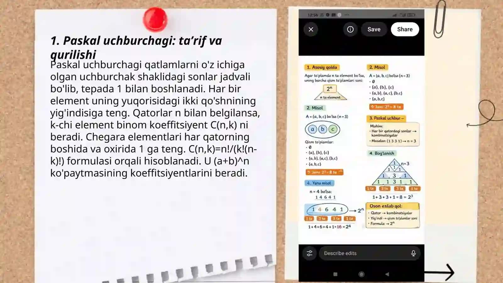 Paskal uchburchagi.Chekli to'plam qism to'plamlar sonini topish 3