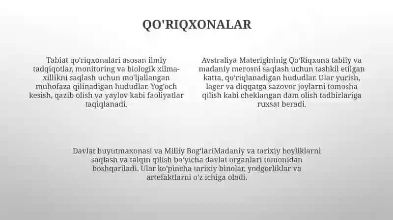 Avstraliya Materigininig QoʻRiqxona,Davlat Buyutmaxonasi Hamda Milli BogʻLari 3