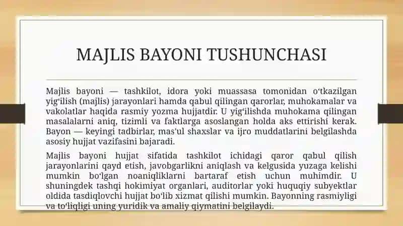 Majlis bayoni va majlis bayonidan ko'chirmaning tuzulishi,tarkibiy qisimlari 3