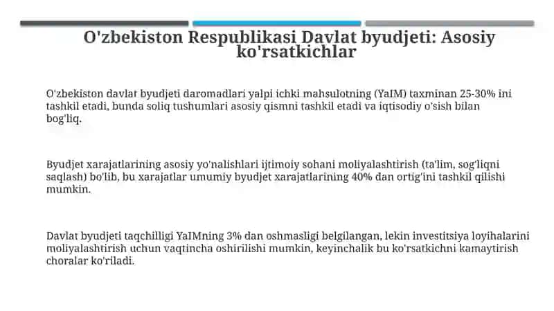 O'zbekiston Respublikasi Davlat budjeti daromadlari va xarajatlari tahlili 3
