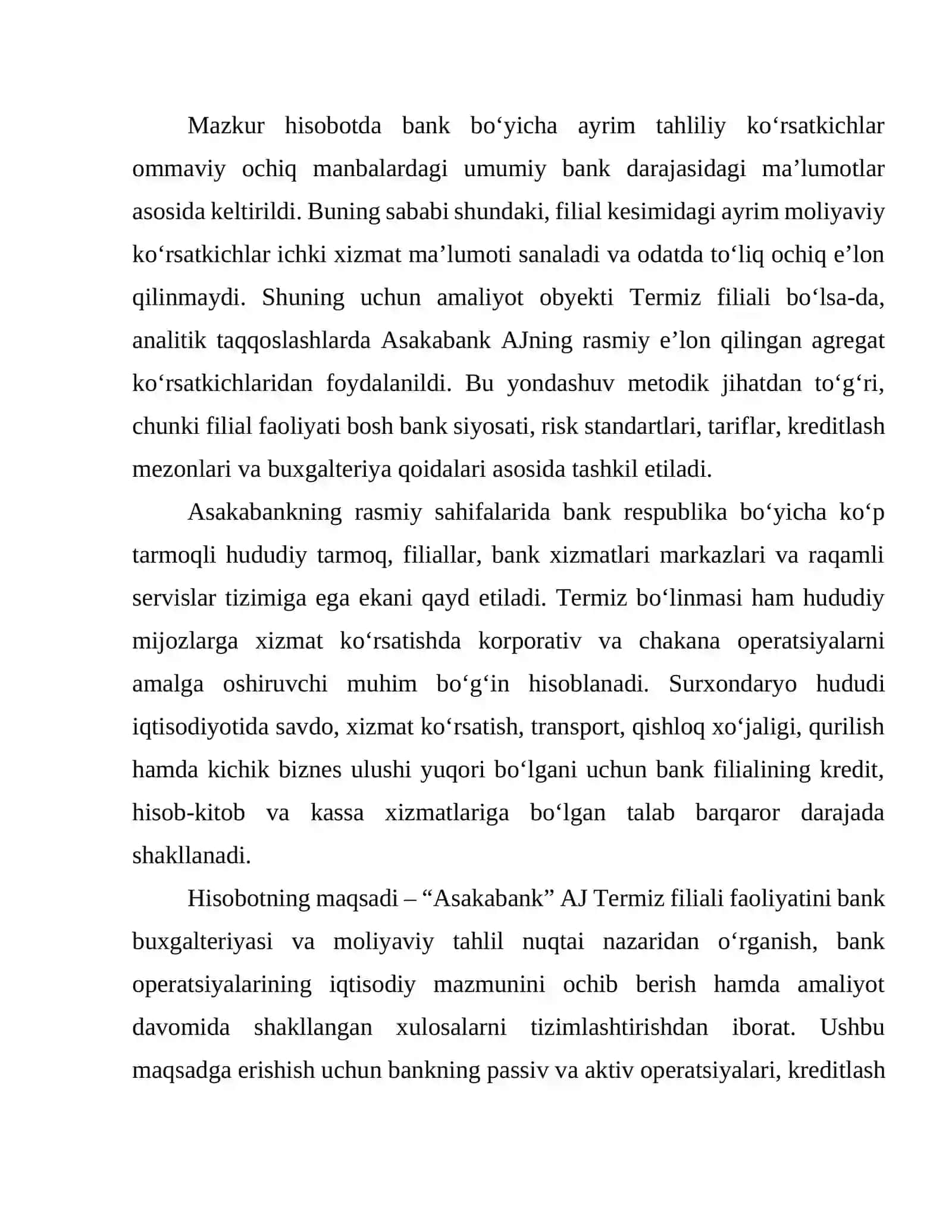 “ASAKABANK” AJ TERMIZ FILIALI AMALIYOT HISOBOTI 3