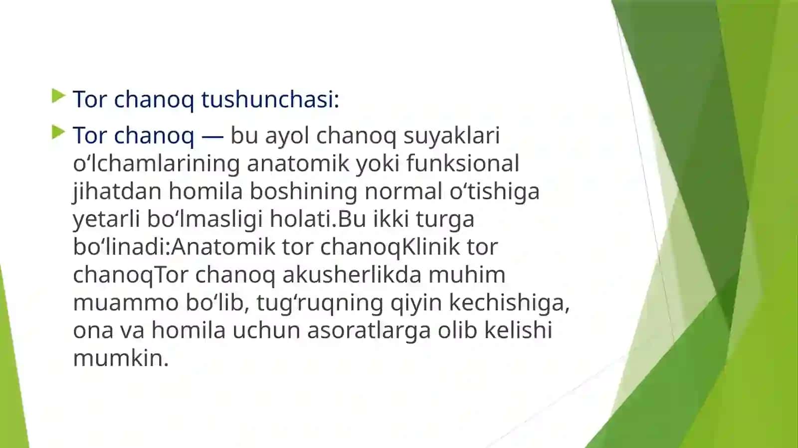 Tor chanoq. Etiologiyasi, tasnifi, tashxislash. Tug‘dirish usullari. Homiladorlik va tug‘ruqni kechi 3