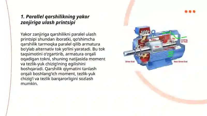 O’zgarmas tok motorlarining yakor zanjiriga parallel qarshilik ulab statik tavsiflarini o’zgartirish 3