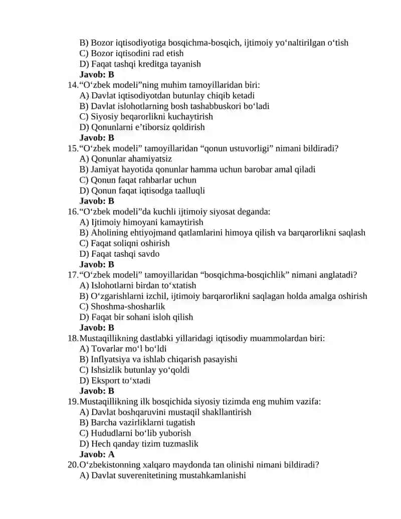 Oʻzbekistonning eng yangi tarixi 4-test 3