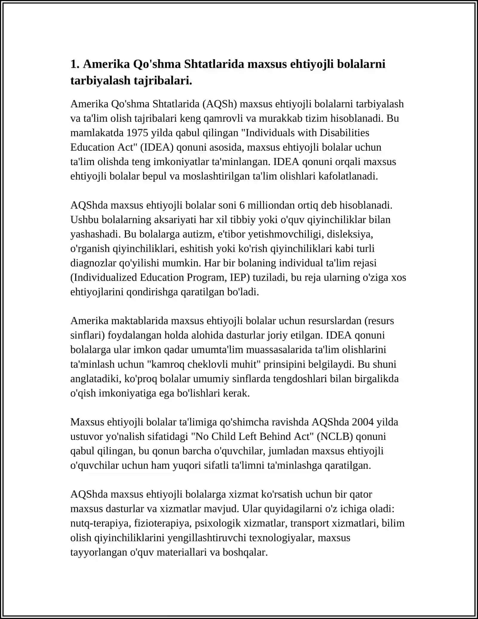 ILK YOSHDAGI RIVOJLANISHIDA MUAMMOSI BO'LGAN BOLALARNI TARBIYALASH VA ISHTIMOIY MOSLASHUVI BO'YICHA XORIJIY MAMLAKATLAR TAJRIBASI 3