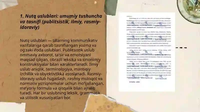 Nutq uslublari (publitsistik, ilmiy uslub va rasmiy-idoraviy uslublar) Annotatsiya. Annotatsiya turlari va tuzilishi. Annotatsiya uchun leksik va grammatik klishyeler 3