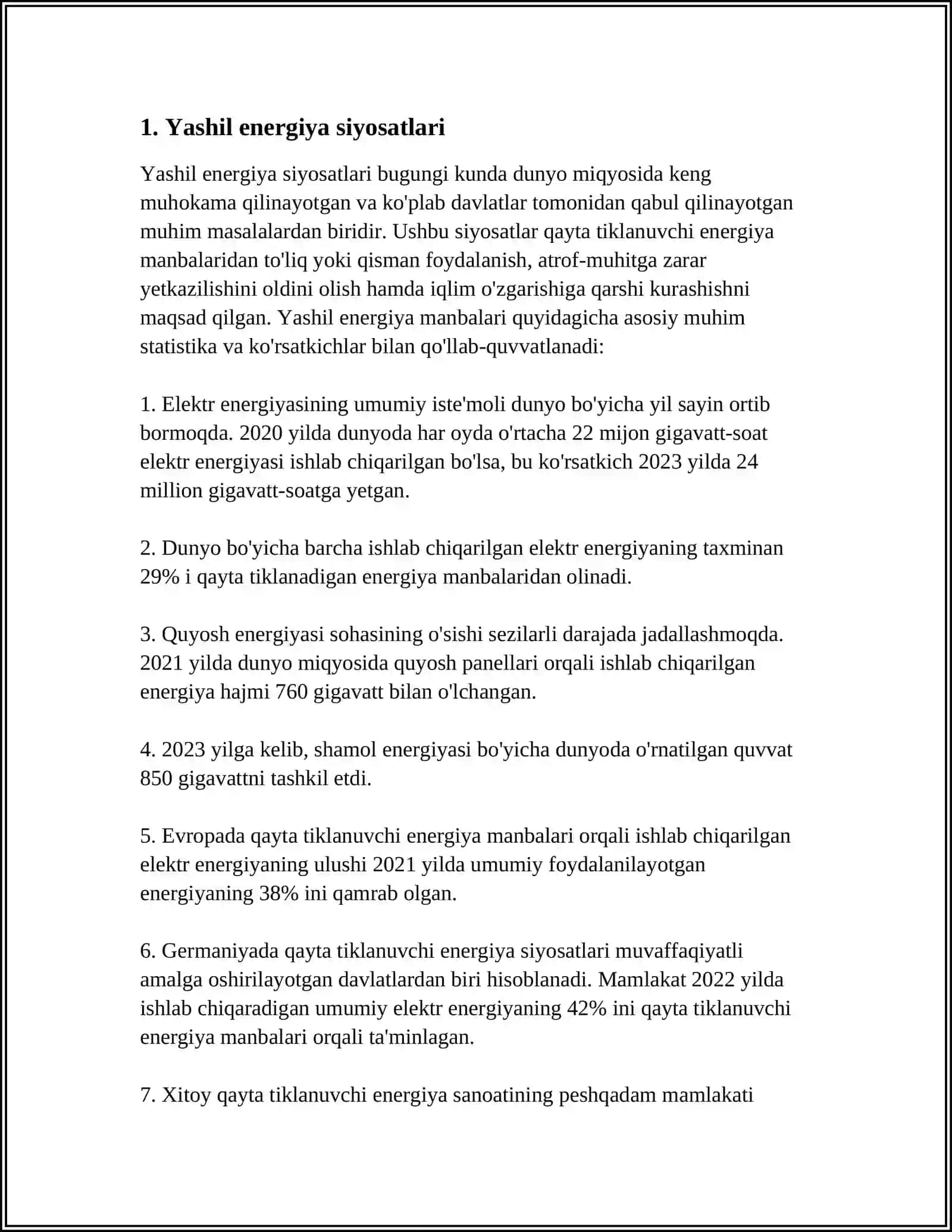 YASHIL ENERGETIKANING DAVLAT TOMONIDAN QOʻLLAB QUVVATLASHNING XORIJ TAJRIBASI 3