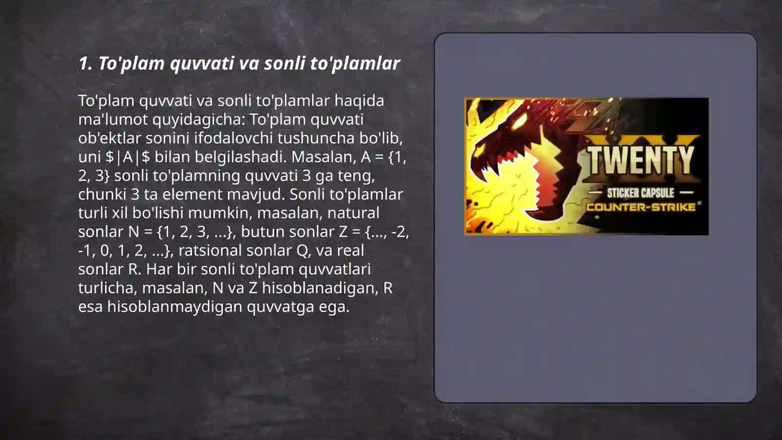 To‘plam quvvati.Sanoqli va sanoqsiz to‘plamlar.Matematika etyudlari 3