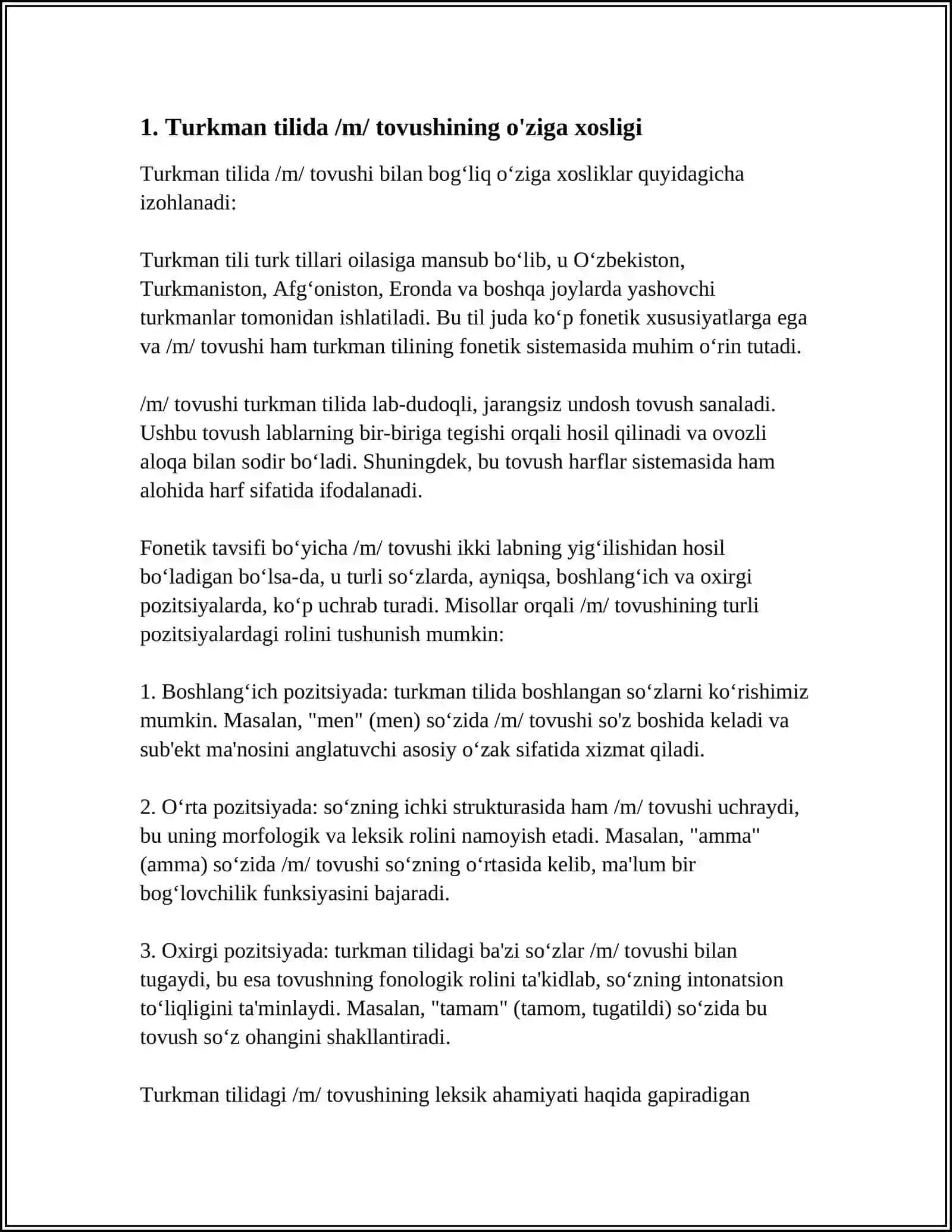 OʻZBEKCHA /M/,/T/,/K/NING TURKMAN, UYGʻUR, MATNLARIDA MUVOFIQLARI 3