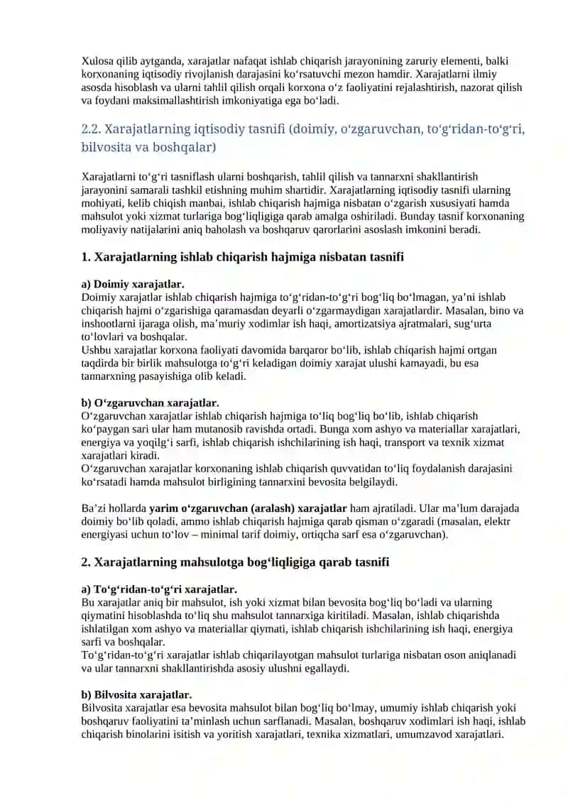 Harajatlarni hisoblash va hisoblash usullarini ishlab chiqish ish hamda xizmatlar tannarxi 3