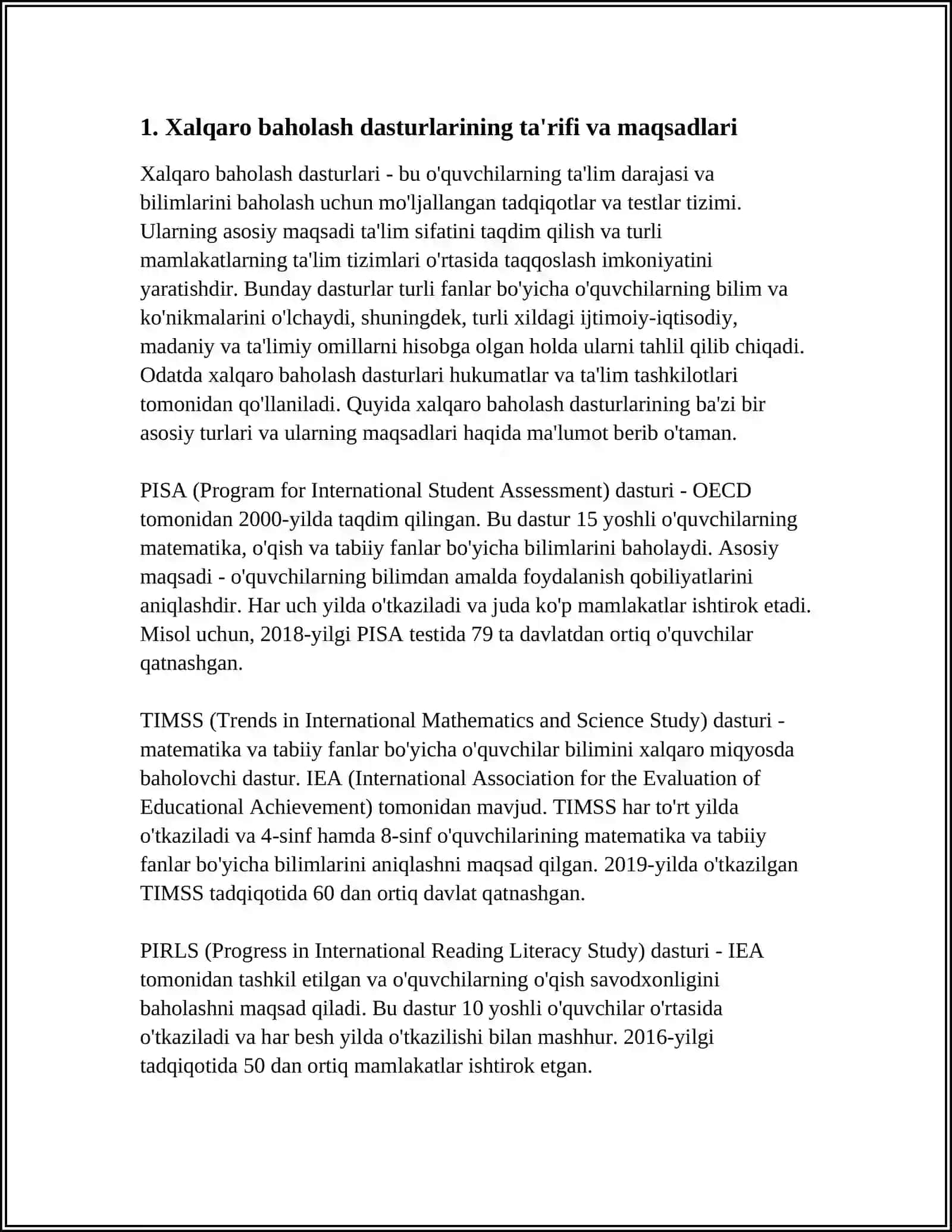 XALQARO BAHOLASH DASTURLARI FANINING MAQSAD VA VAZIFALARI XALQ TA’LIMI TIZIMIDA TA’LIM SIFATINI BAHOLASH BO‘YICHA XALQARO TADQIQOTLARNI (PISA, TIMSS, PIRLS, TALIS) JORIY ETISHNING ME’YORIY-HUQUQIY ASOSLARI VA CHORA-TADBIRLAR 3