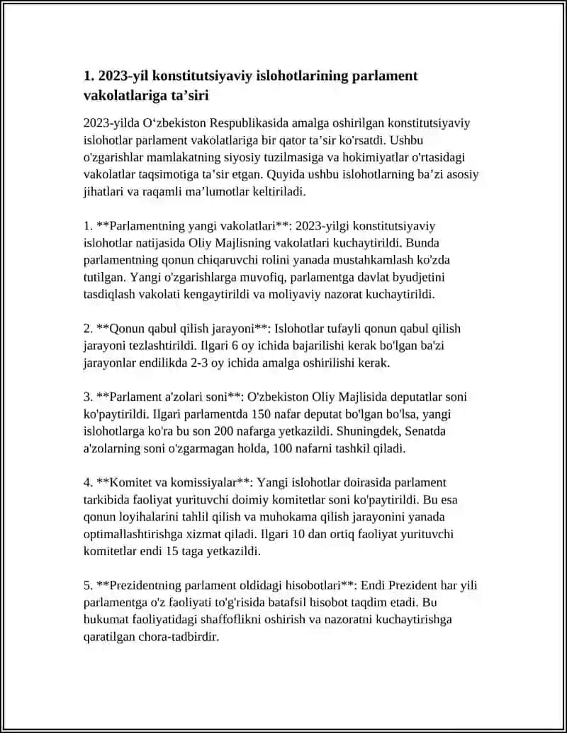 YANGI O'ZBEKISTONDA PARLAMENTDAGI ISLOHOTLAR HAMDA 2023-YIL KONSTITUTSIYAVIY ISLOHOTLAR VA PARLAMENTDAGI O'ZGARISHLAR 3