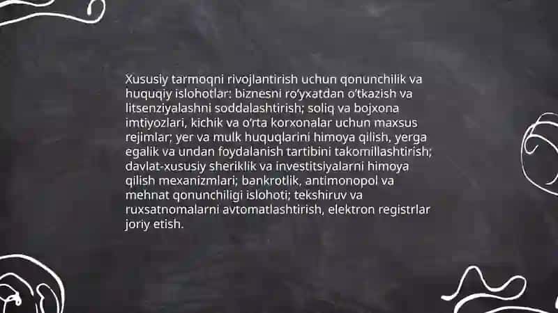 Davlatning iqtisodiyotda xususiy tarmoq va tadbirkorlikni qo'llab-quvvatlash siyosati 3