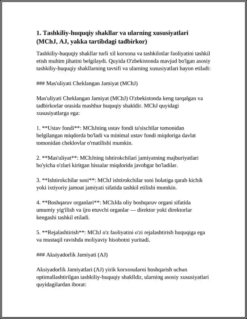 Tashkiliy-huquqiy shakllar va ularning xususiyatlari (MChJ, AJ, yakka tartibdagi tadbirkor) 3